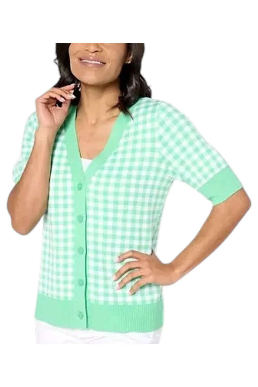 Denim & Co. Heritage Puff Sleeve Gingham Cardigan Cool Green - Regular
